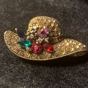 Gold Hat Brooch with Multicolor Gems